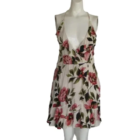 new OLIVACEOUS Mini Dress, L, White Floral, Ruffle, Surplice, Lace-up Back - Picture 11 of 14